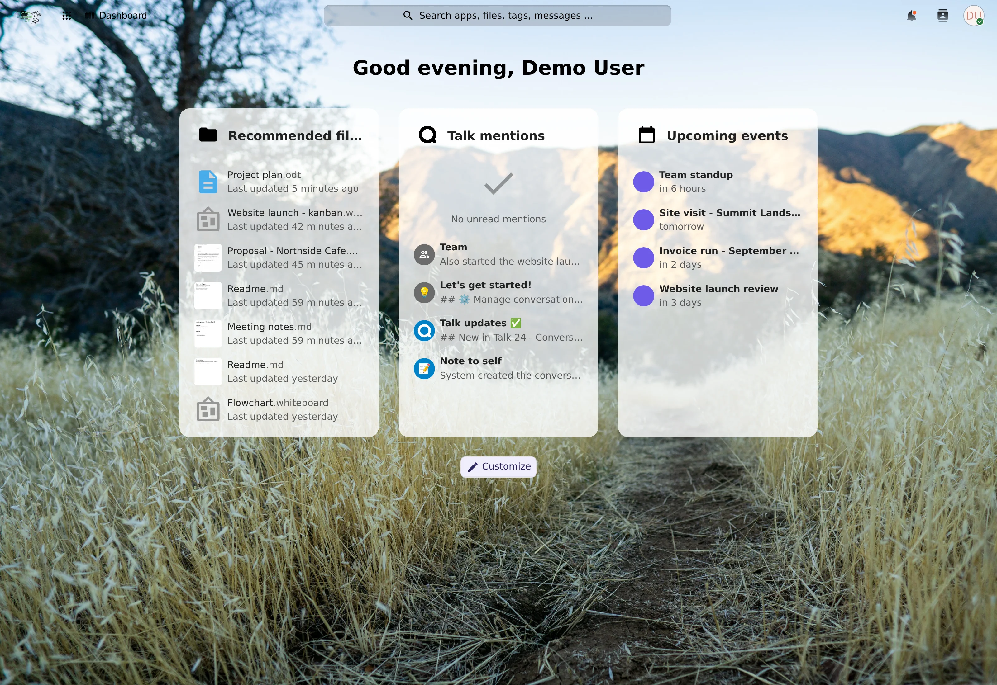 Dashboard: files, chat and upcoming events in one view