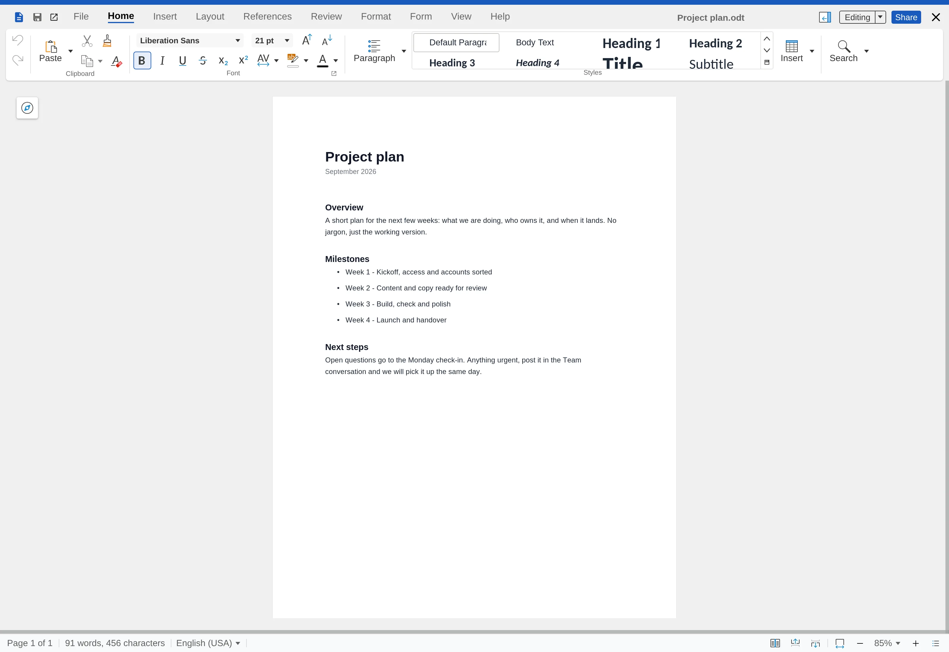 A document open in the built-in editor