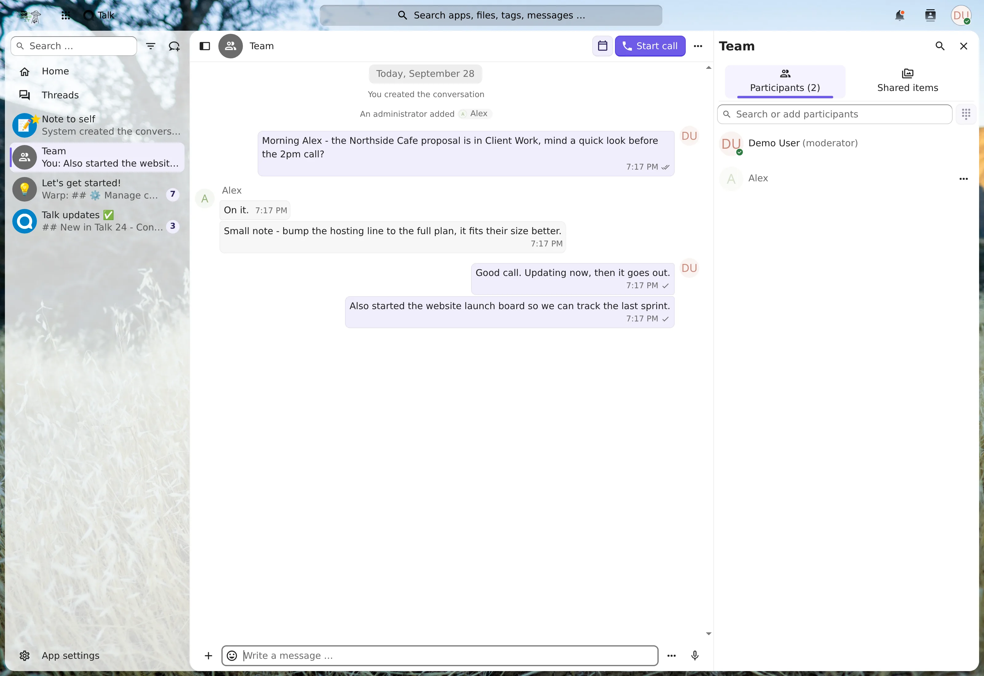 A team chat with voice and video calls